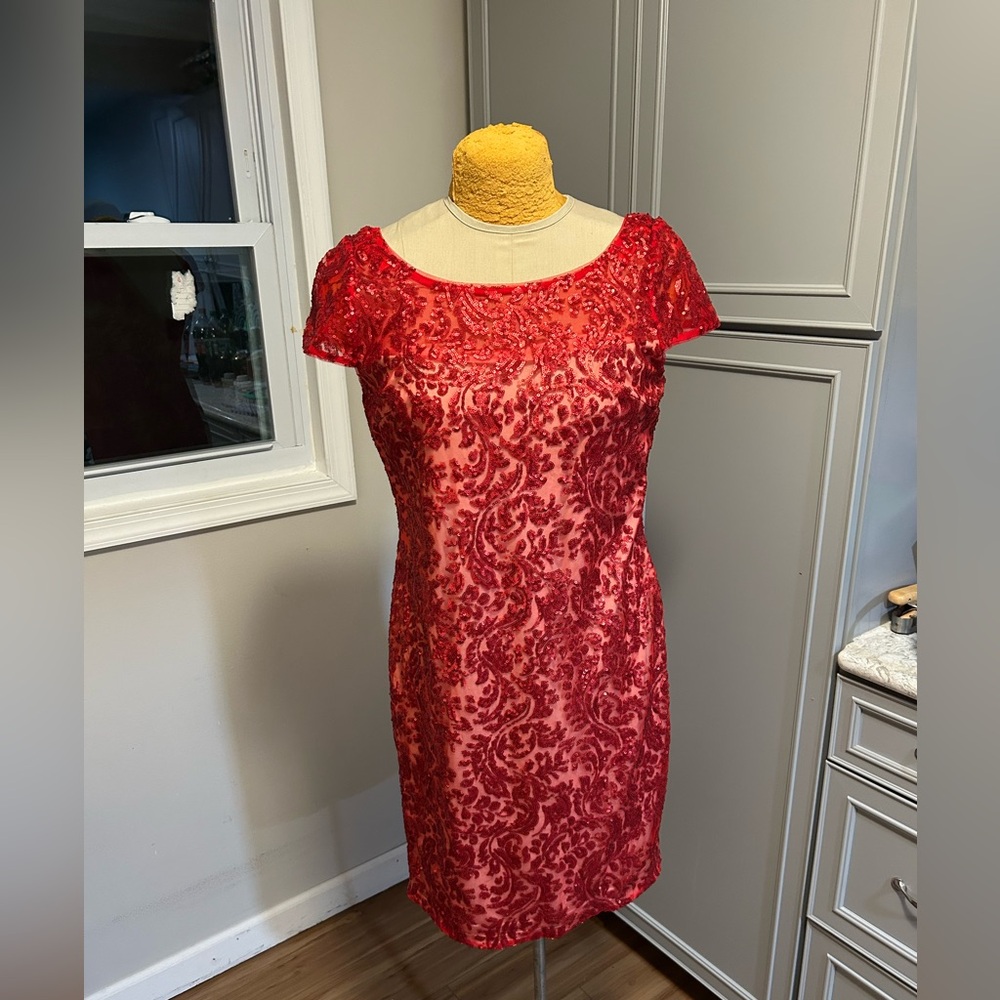 Calvin Klein Red Sequin Boat Nexk Sheath Mini Cocktail Dress Size 12